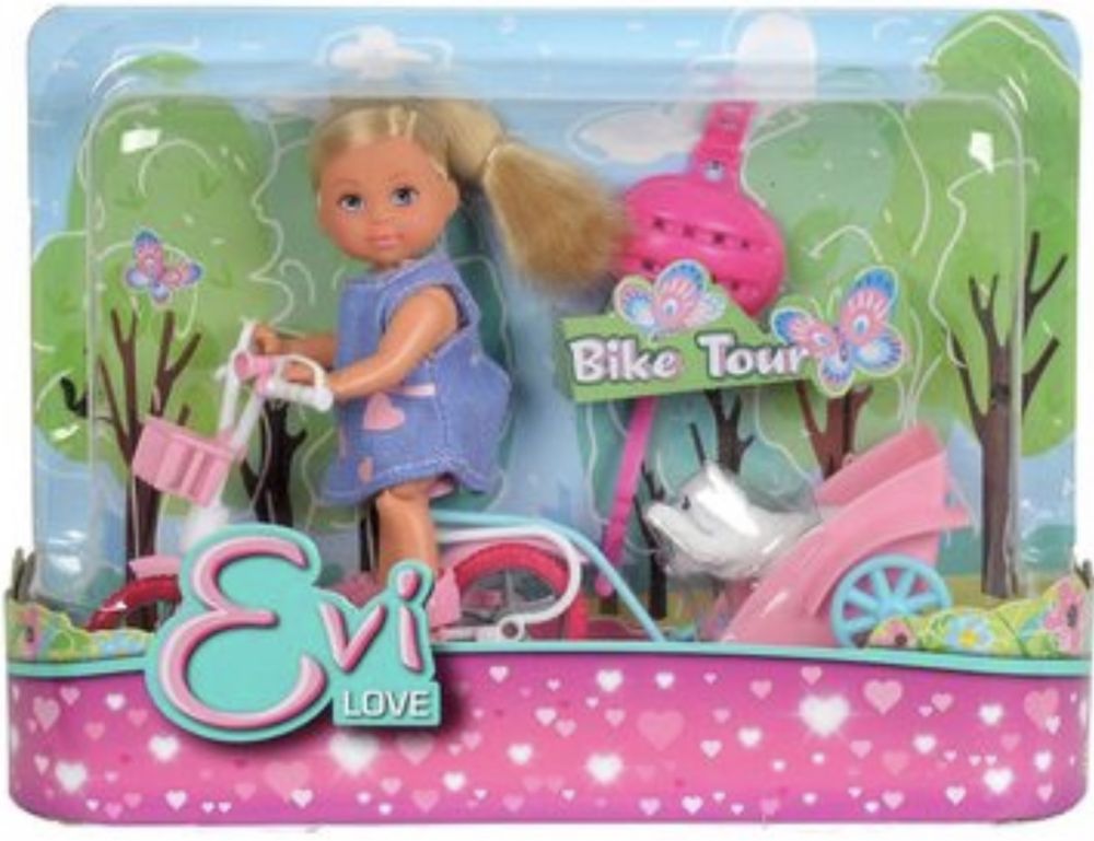 Кукла Steffi & Evi love Эви прогулка на велосипеде с собачкой в сарафа