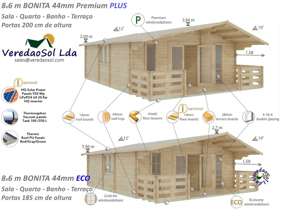 Casa Madeira KIT BONITA 50m² T1 - 44-58 e 68mm Terraço 8.3m² 3 Modelos