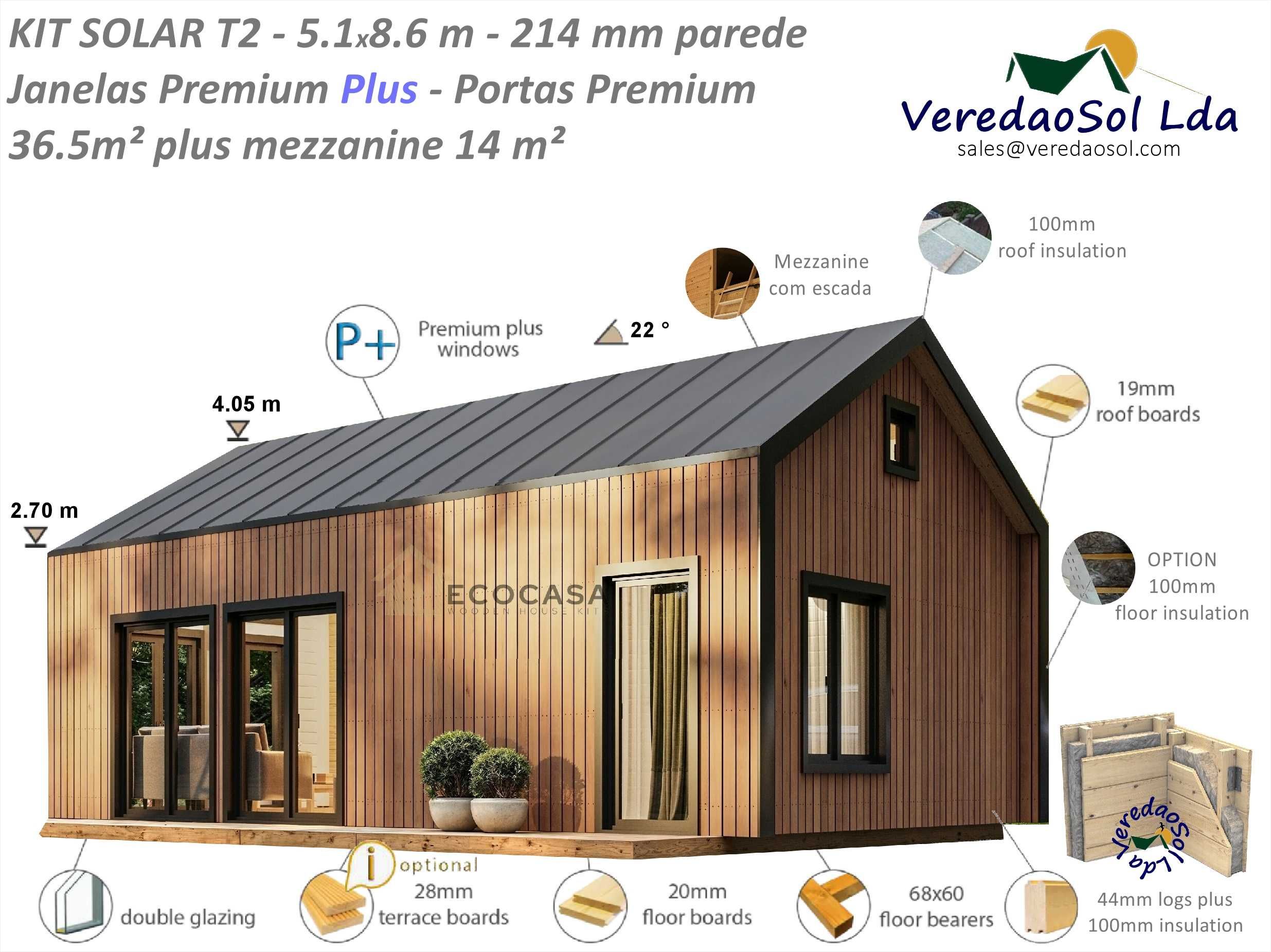 Casa Madeira SOLAR T2 50,5m² 214mm Segundaparede e isolamento telhado
