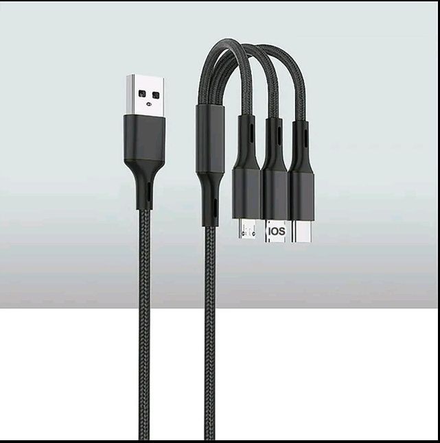 Кабель, шнур для зарядки 3 в 1, 2.4А, (1.2м), Type-C, Micro-USB, iPhon