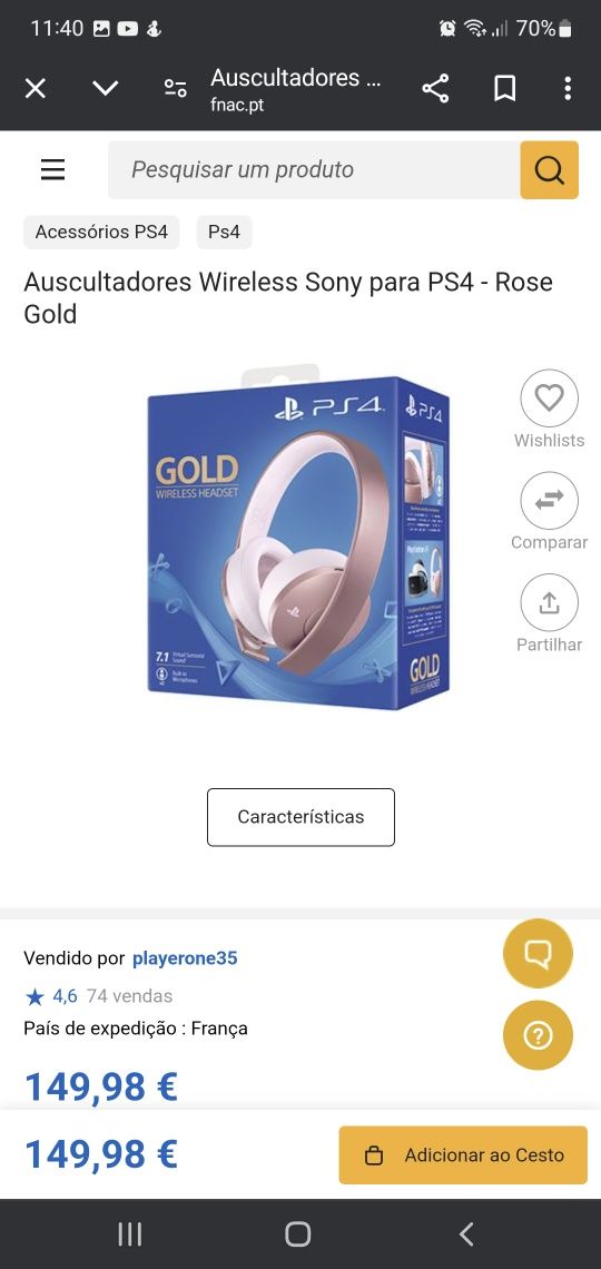 Auscultadores ps4 e pc rosa gold