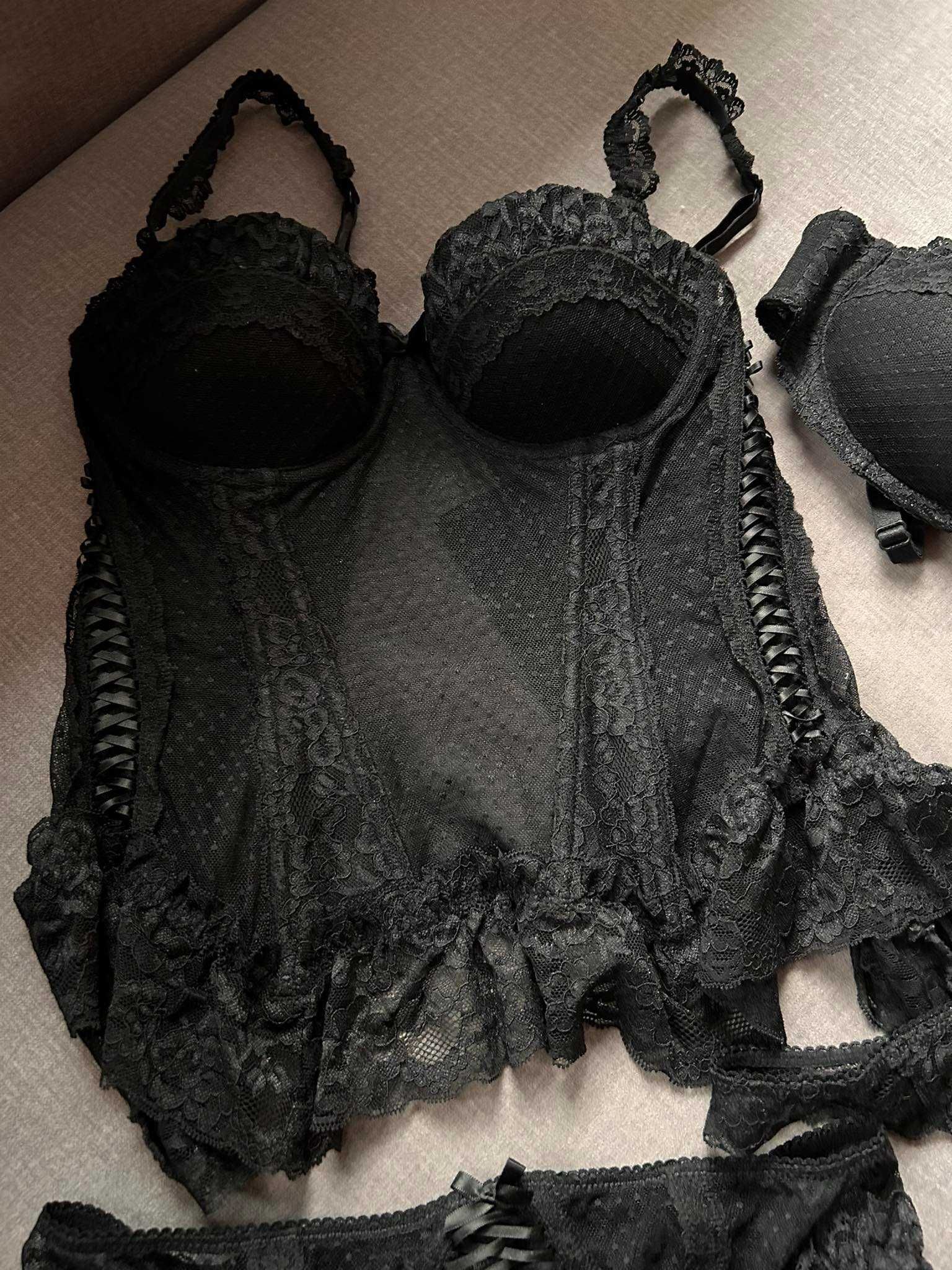 Komplet gorset biustonosz 85B stringi S pas do pończoch H&M czarny