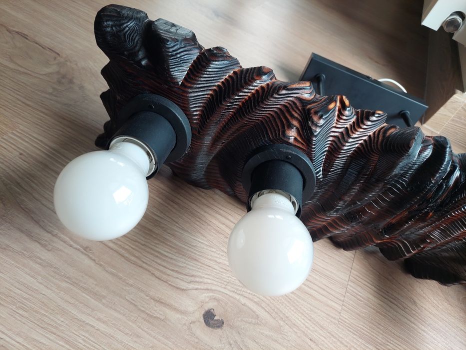 Lampa sufitowa, industrialna, rustykalna, drewniana rzeźbiona loftowa.