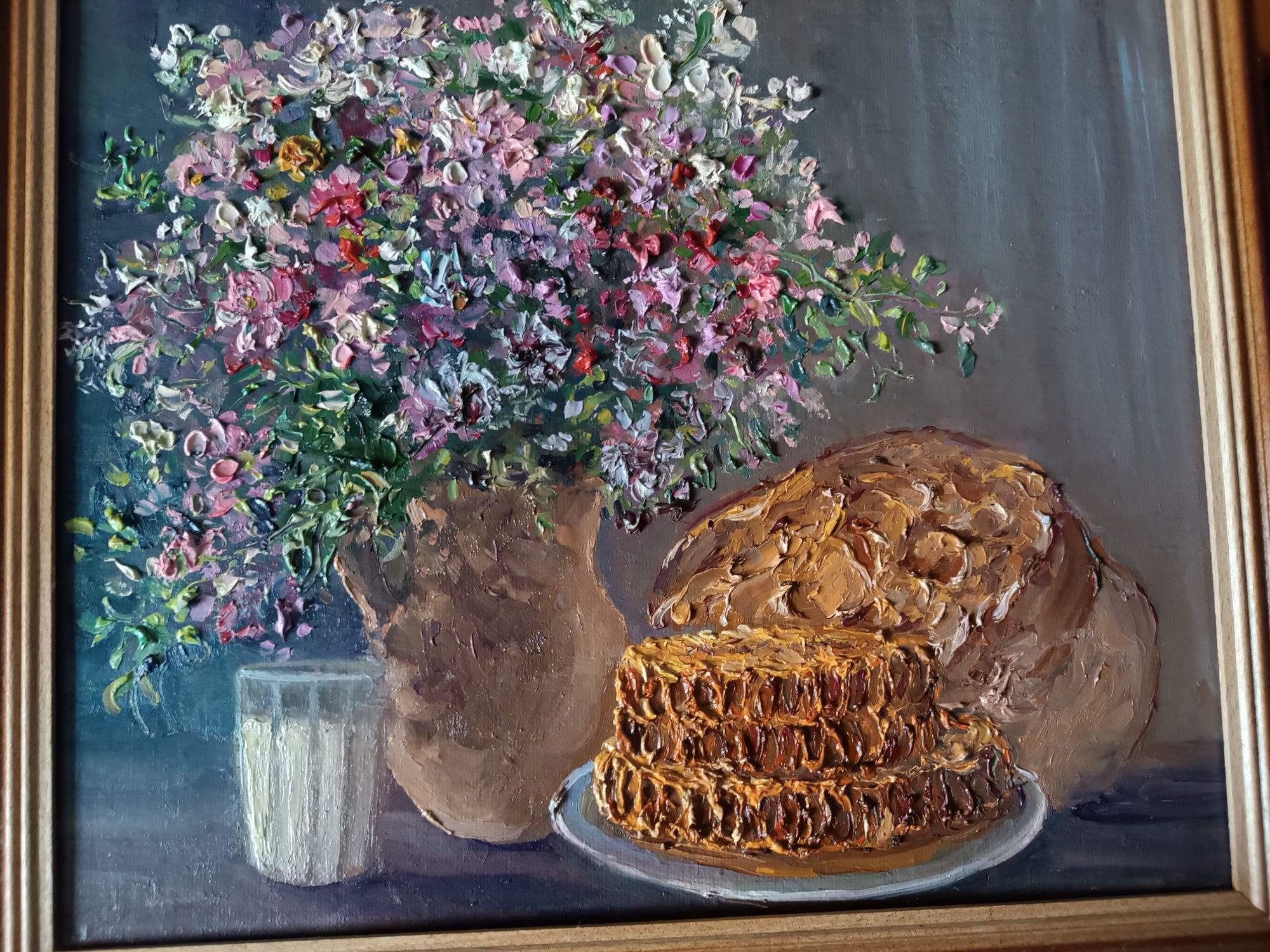 Картина маслом--польові квіти у вазі, мед і хліб