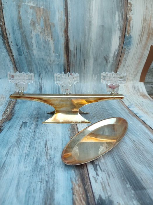 Świecznik Lata 70 - Platerowany + szkło - Ciekawy Design