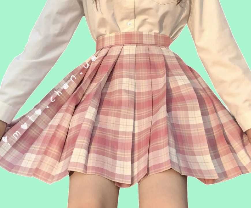 Японская плиссированная юбка в клеточку клетчатая форма аниме розовая