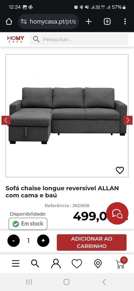Sofá cama, com chaise long