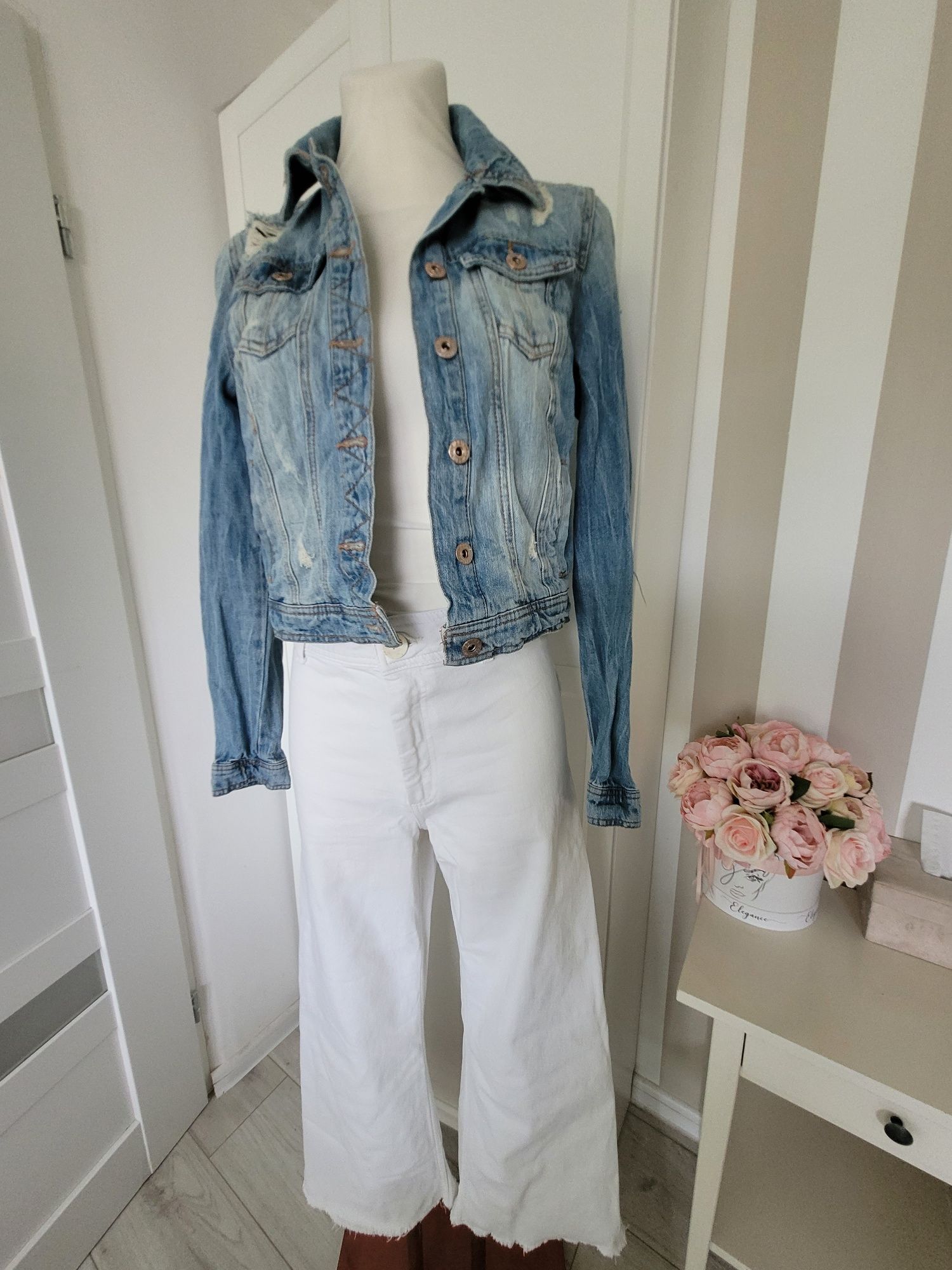 Komplet białe szerokie spodnie M kurtka jeansowa