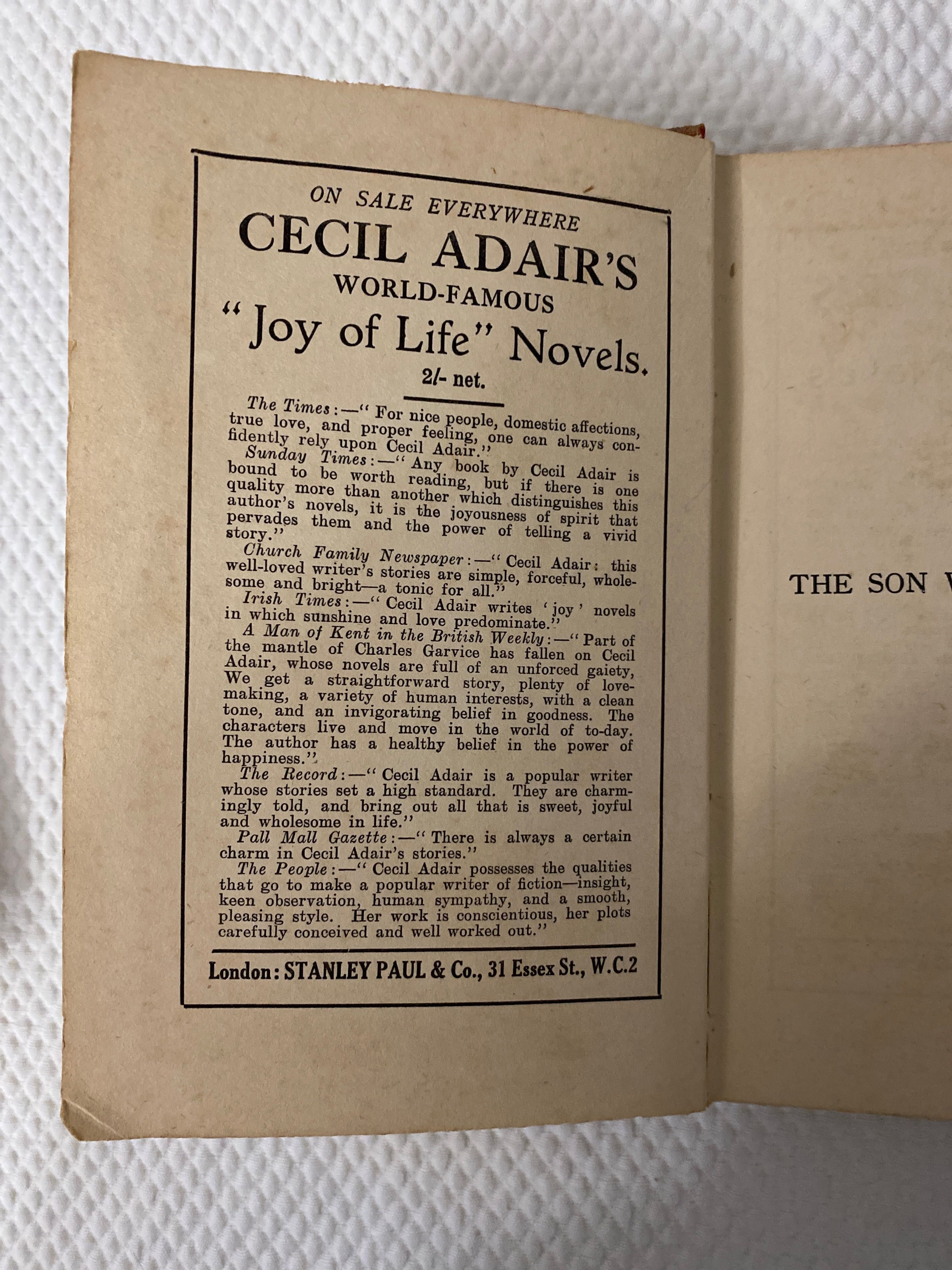 The Son Who Came Back - Cecil Adair - edição 1922