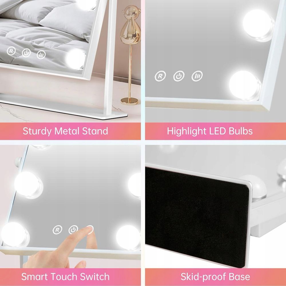 Lustro do makijażu hollywoodzkie z 3 trybami oświetlenia 9 żarówek LED