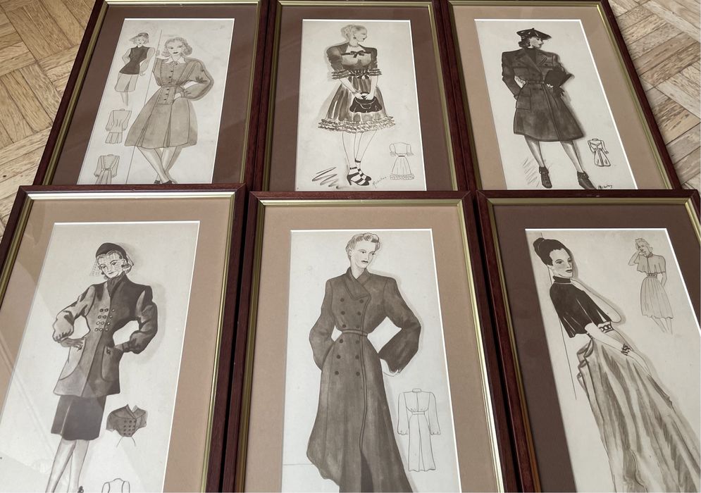 Zestaw oprawionych obrazków moda retro: drewniane ramki, szkło