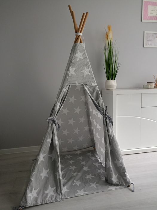 Tipi namiot dla dzieci szaro biały w gwiazdki
