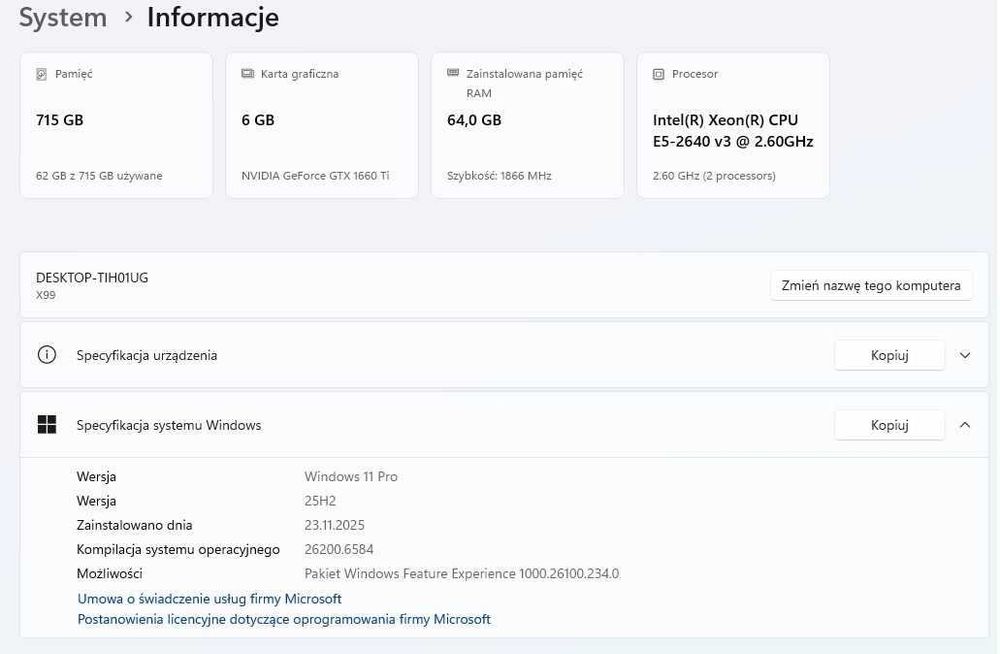 Komputer Gamingowy/2 procesory/64Gb DDR4/2 x NVMe/GTX1660Ti/win11