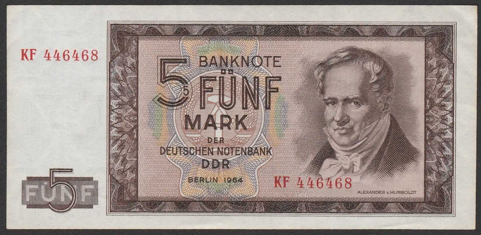 Niemcy NRD DDR 5 marek 1964 - Humboldt - stan bankowy UNC -