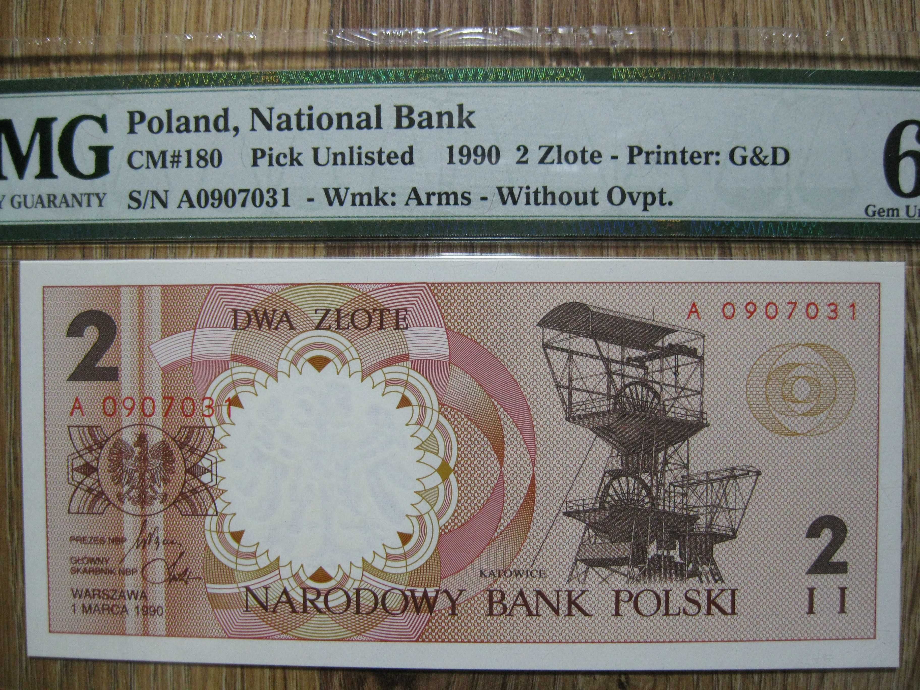 Banknot miasta Polskie 2 złote 1990 rok seria A grading PMG 66 UNC