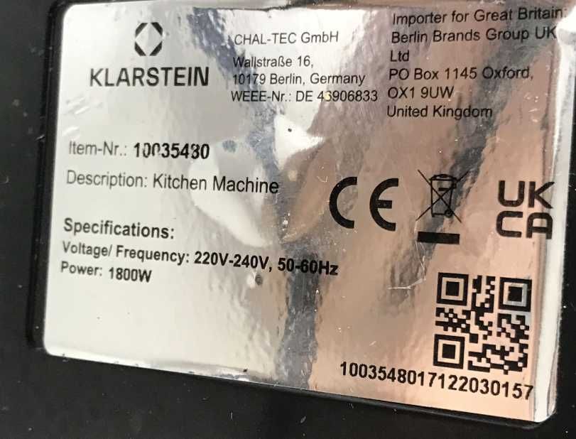 Кухонный комбайн  Тестомес Klarstein Delfino 1800 Вт 7 литров чаша