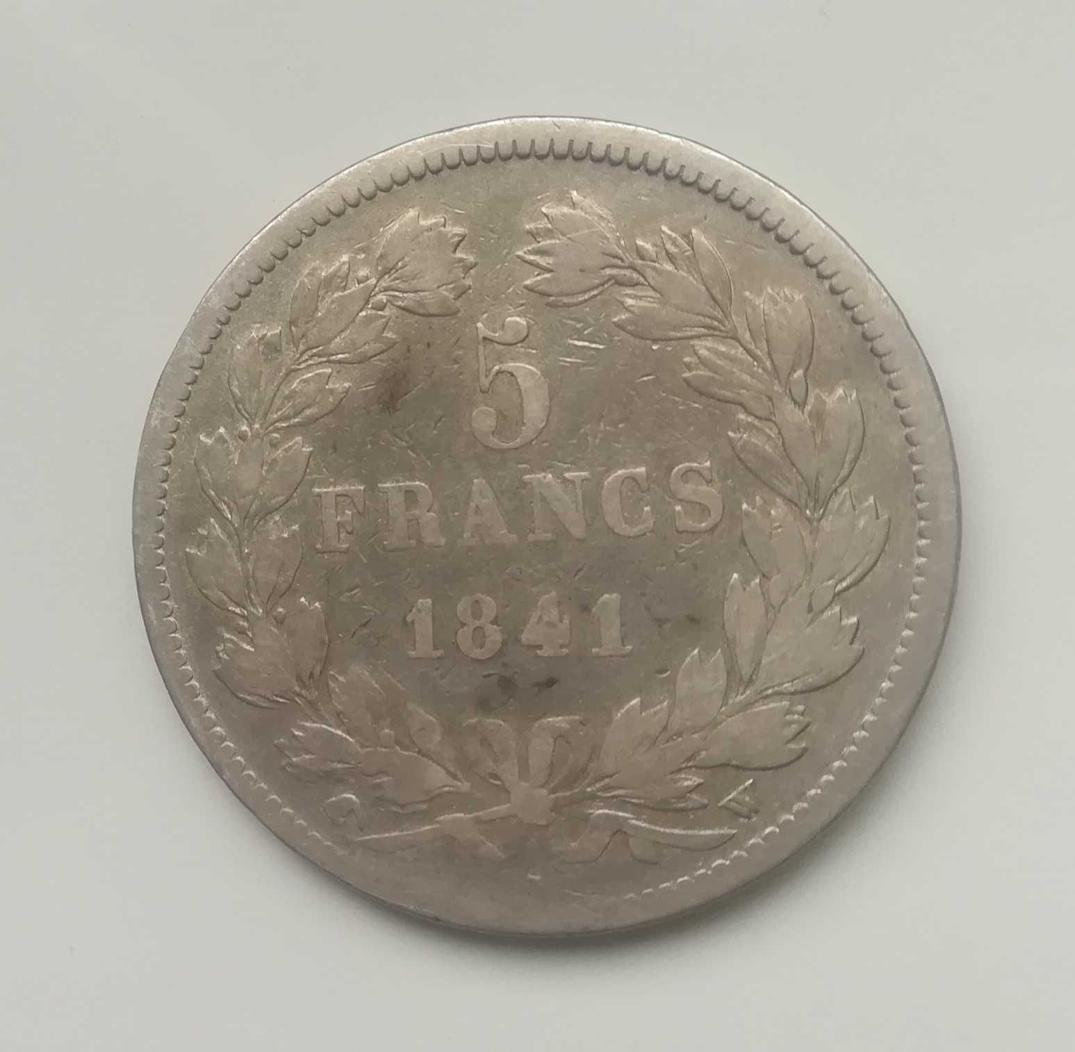 Moneta srebrna srebro 5 franków Francja z 1841 roku typ W. Monety Ag
