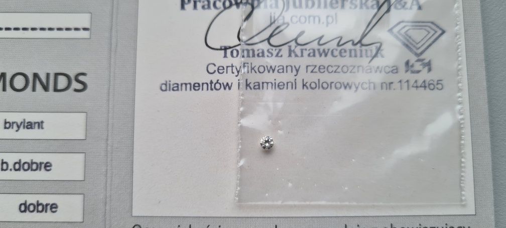 Naturalny Brylant 0.05ct Si1/J Certyfikat.