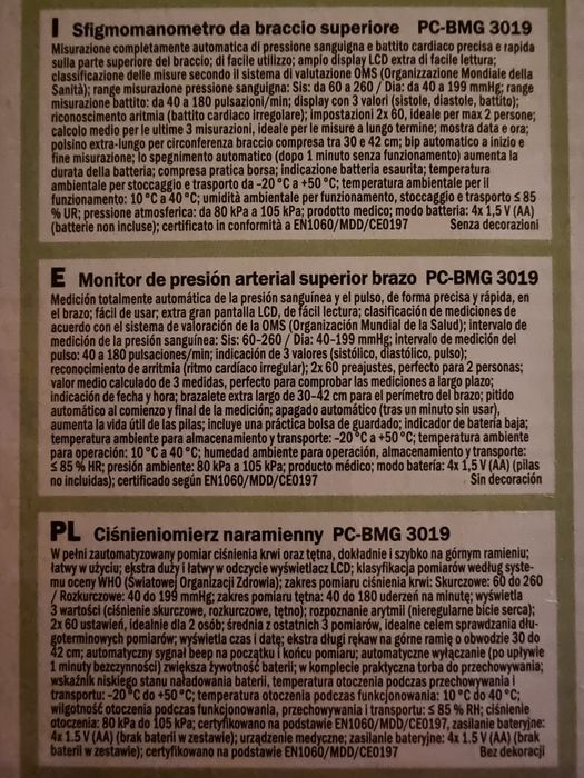 Medidor de Tensão Arterial PROFICARE BMG 3019