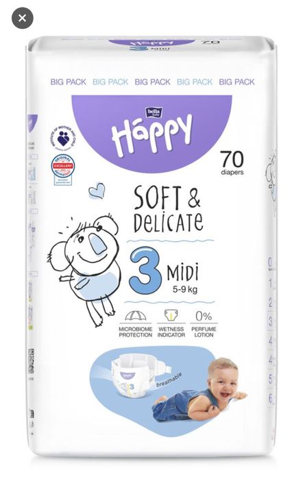 Підгузки Happy Bella Baby Midi розмір 3 (5-9 кг), 70 шт
