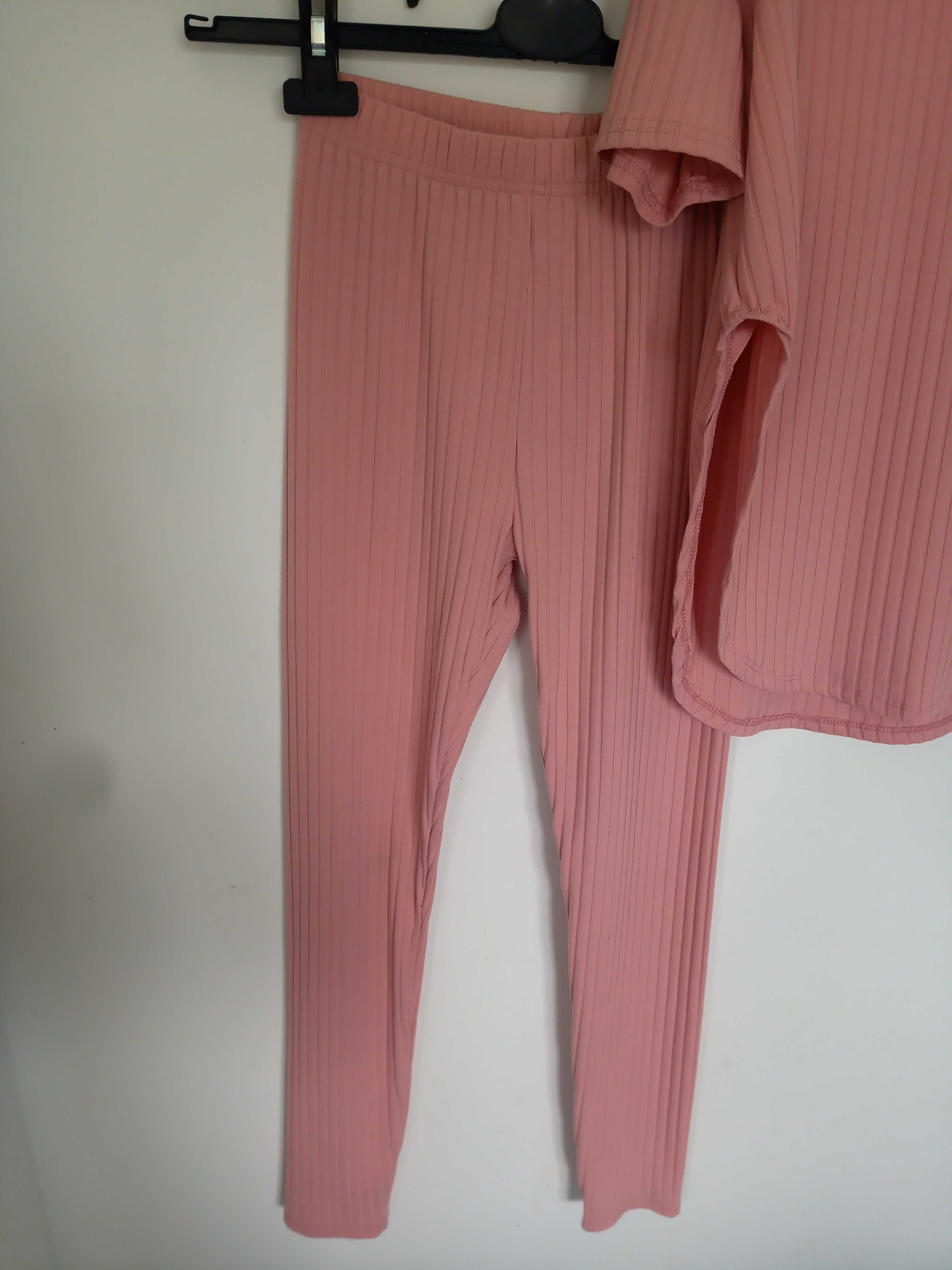 Komplet prążek damski leginsy bluza s/m pudrowy róż sportowy dres