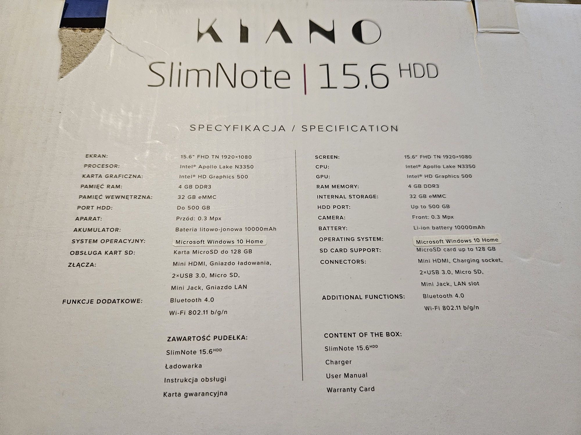 Laptop Kiano SLIMNOTE 15,6' Intel N3350 4GB DDR3 500GB HDD Win 10 Home