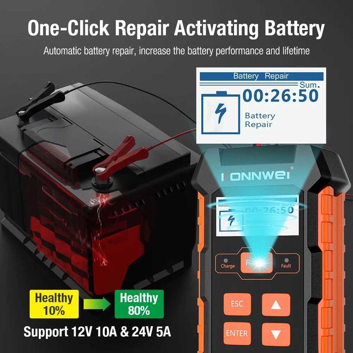 KONNWEI KW520 12V 10A 24V 5A Гарантія Зарядний пристрій + тестер АКБ