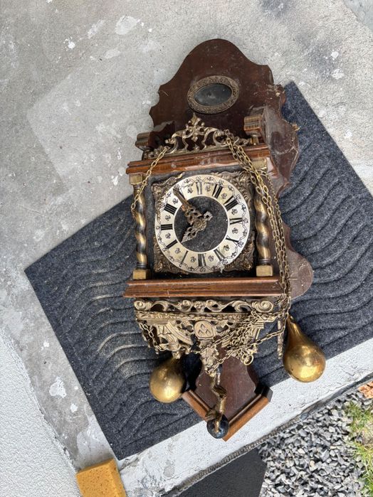 Stary zegar ścienny z wagami – styl holenderski, antyk/vintage