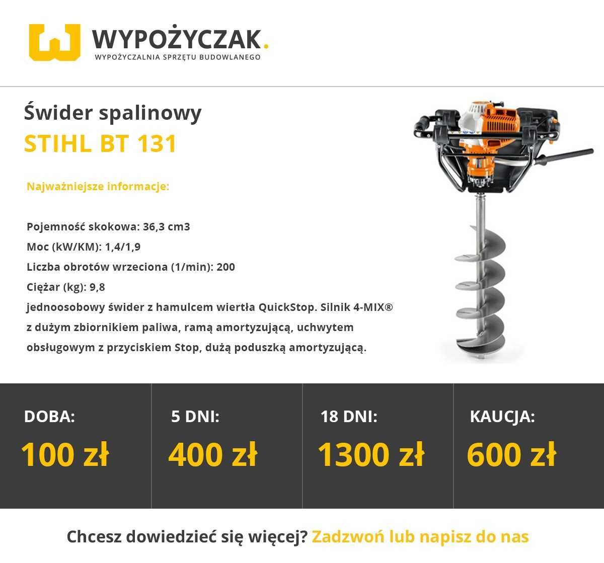 Świder spalinowy / otwornica / wiertnica glebowa - STIHL 131 - WYNAJEM