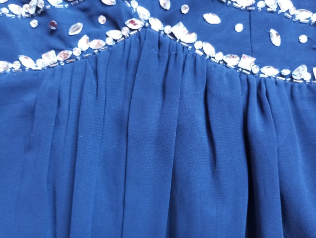 Elegancka długa suknia wieczorowa 36 S cyrkonie,wesele,impreza granat