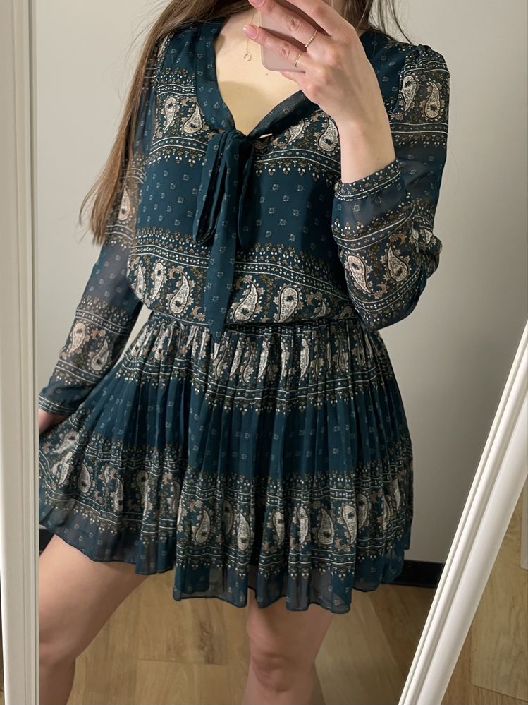 Boho wiązana sukienka na sylwestra święta mini xs plisowana zielona