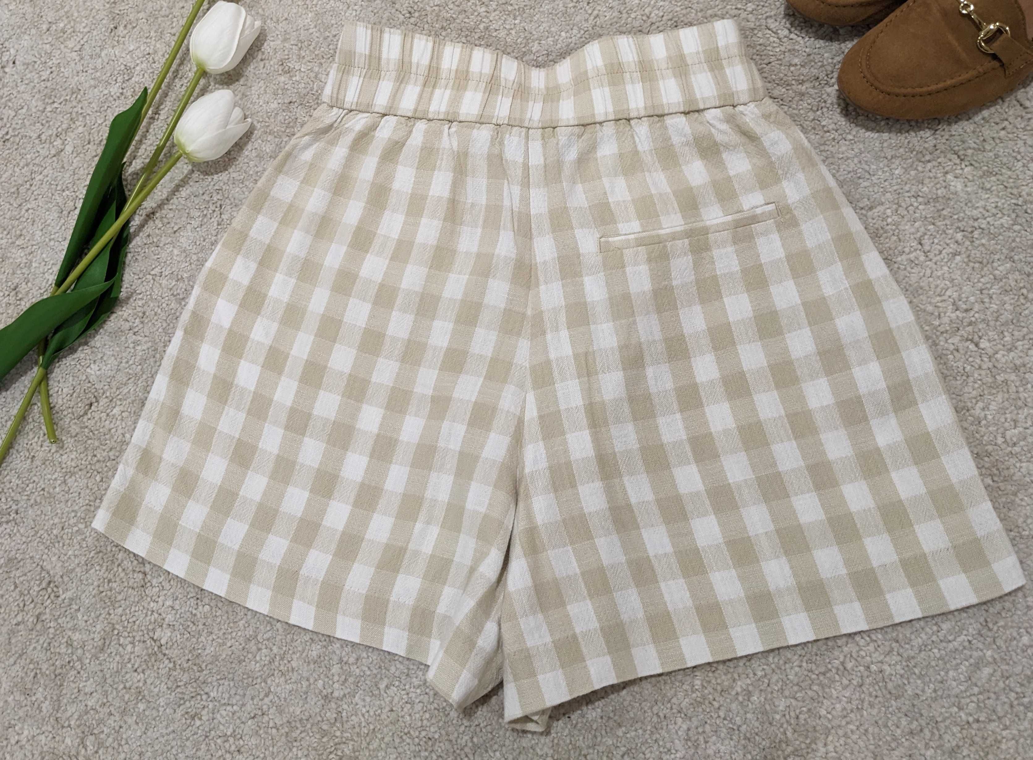 Calções Linho Quadradinhos bege/branco cintura subida (XS / Zara)