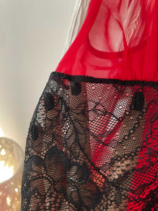 Koszulka nocna czerwona czarna koronka halka zmysłowa krótka S 36