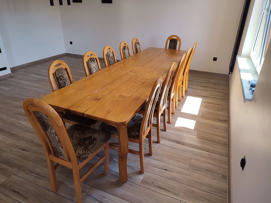 3 metrowy piękny drewniany stół + 12 krzeseł
