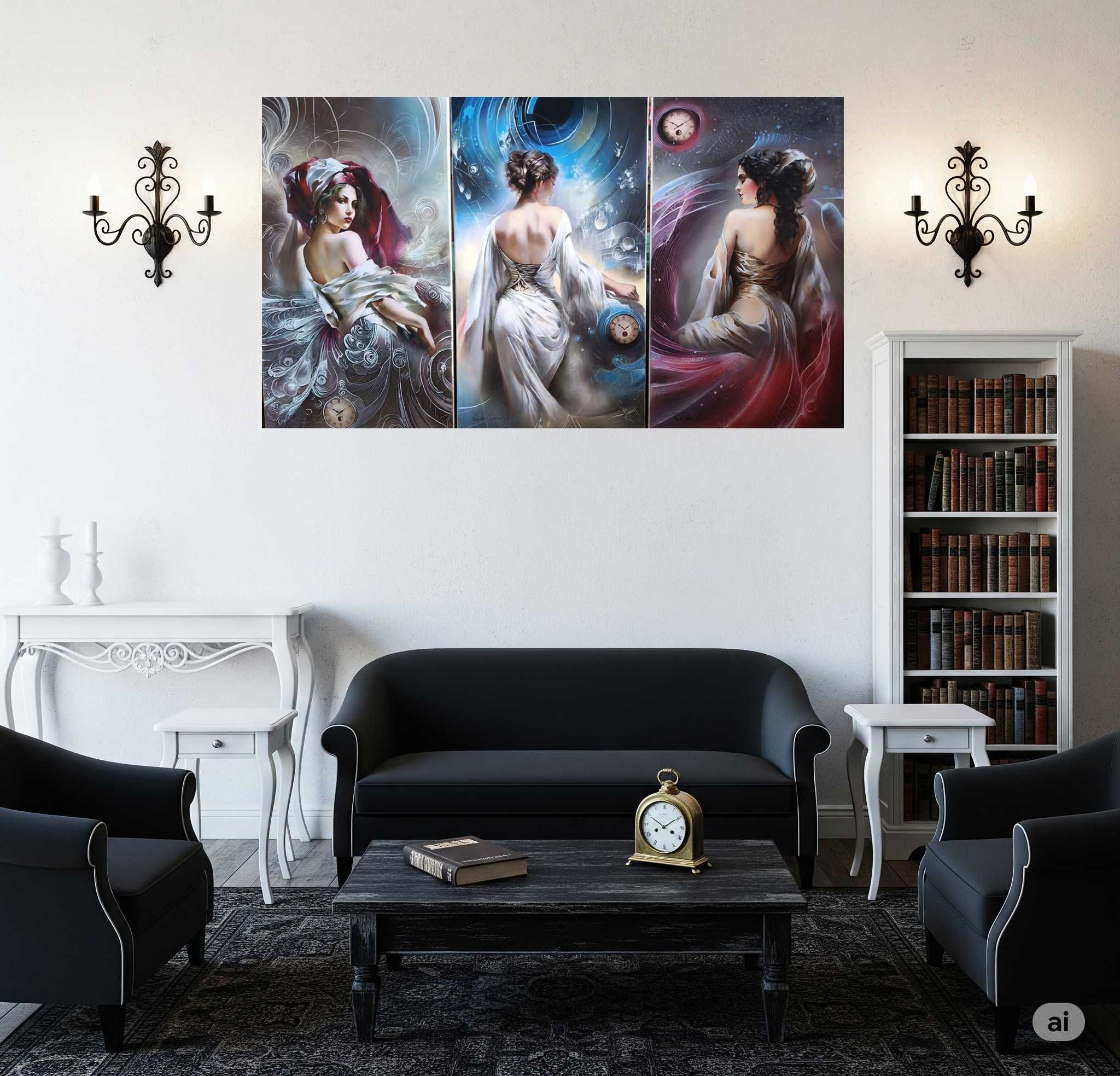 Tryptyk Muzy - sztuka magiczna 3 obrazy pięknych dam - 120 / 70 cm