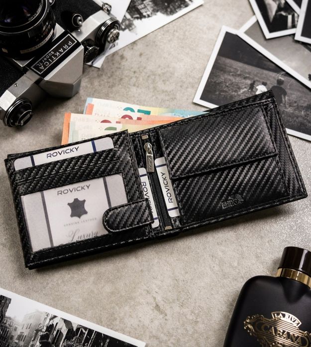 Skórzany portfel męski na zatrzask ochrona kart RFID czarny prezent