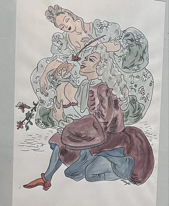 Piękna akwarela - Maja Berezowska - scenka miłosna - lata 50