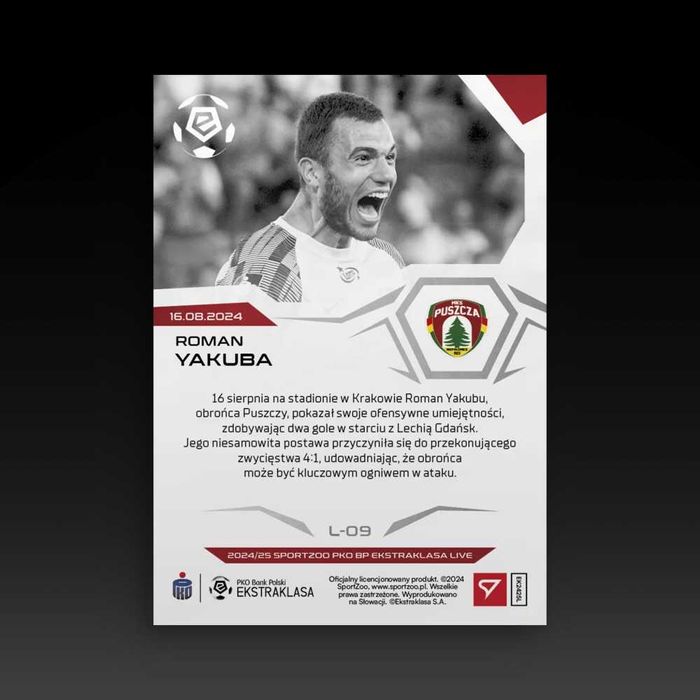Karta L- 09 Roman Yakuba Ekstraklasa 2024/25 LIVE Puszcza Niepołomice