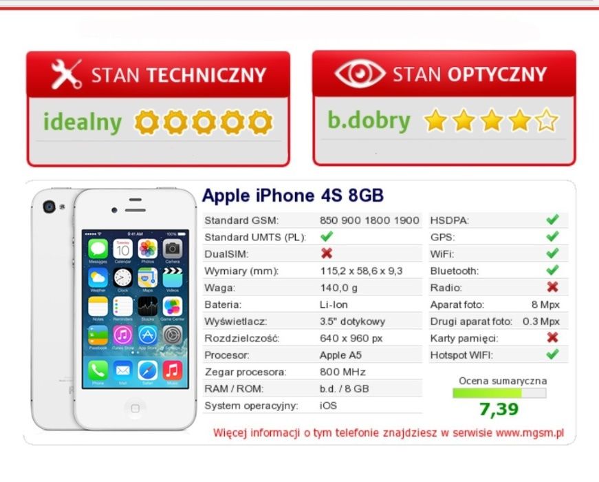 APPLE iPhone 4S 8Gb biały komplet sprawny stan IDEALNY