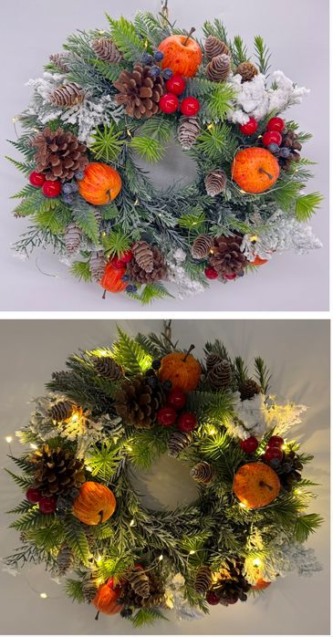 Wianek świąteczny bożonarodzeniowy LED 35 cm zimowy ręcznie robiony