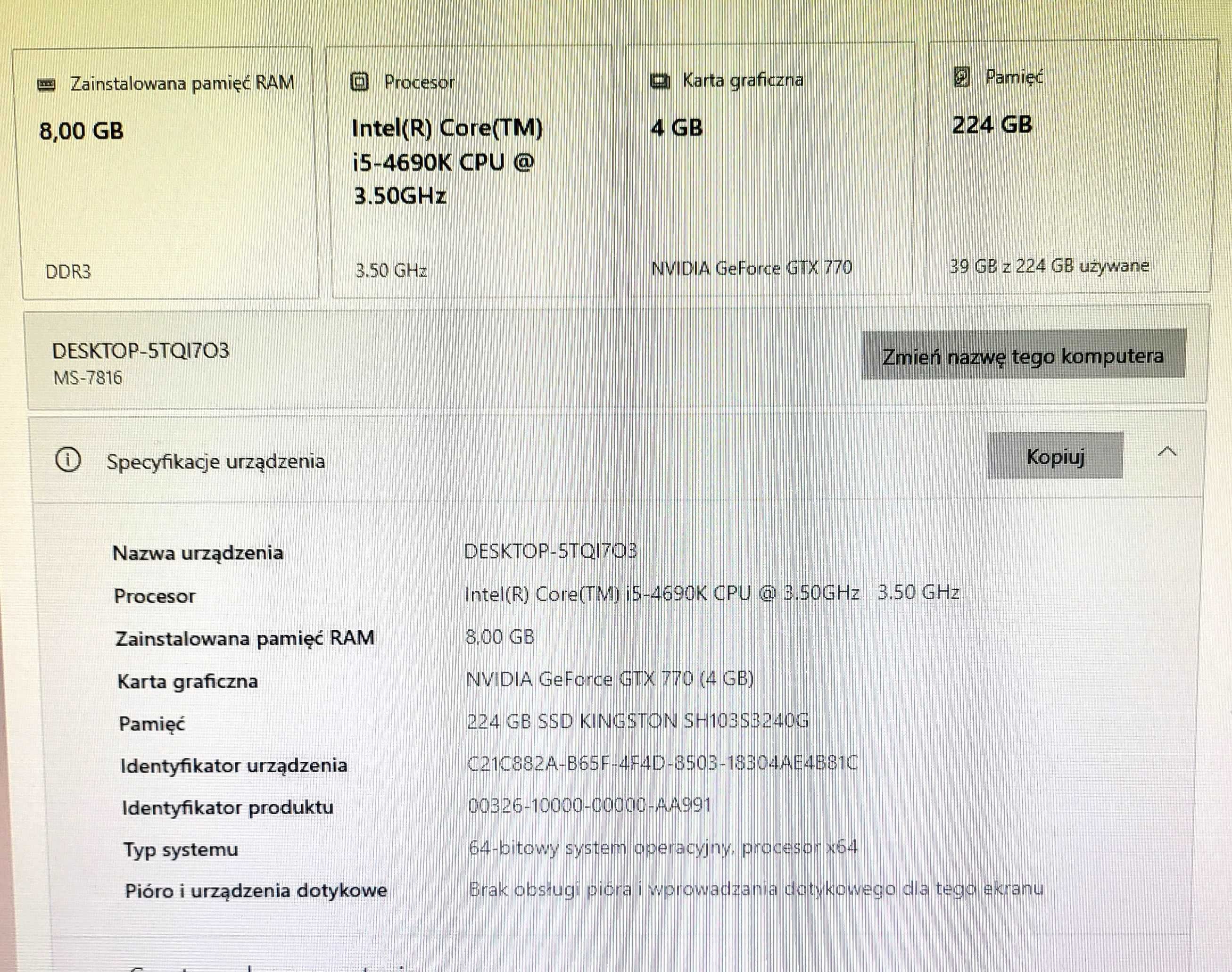 Komputer PC i5-4690K 8GB RAM SSD 240 GB GTX 770 4 GB