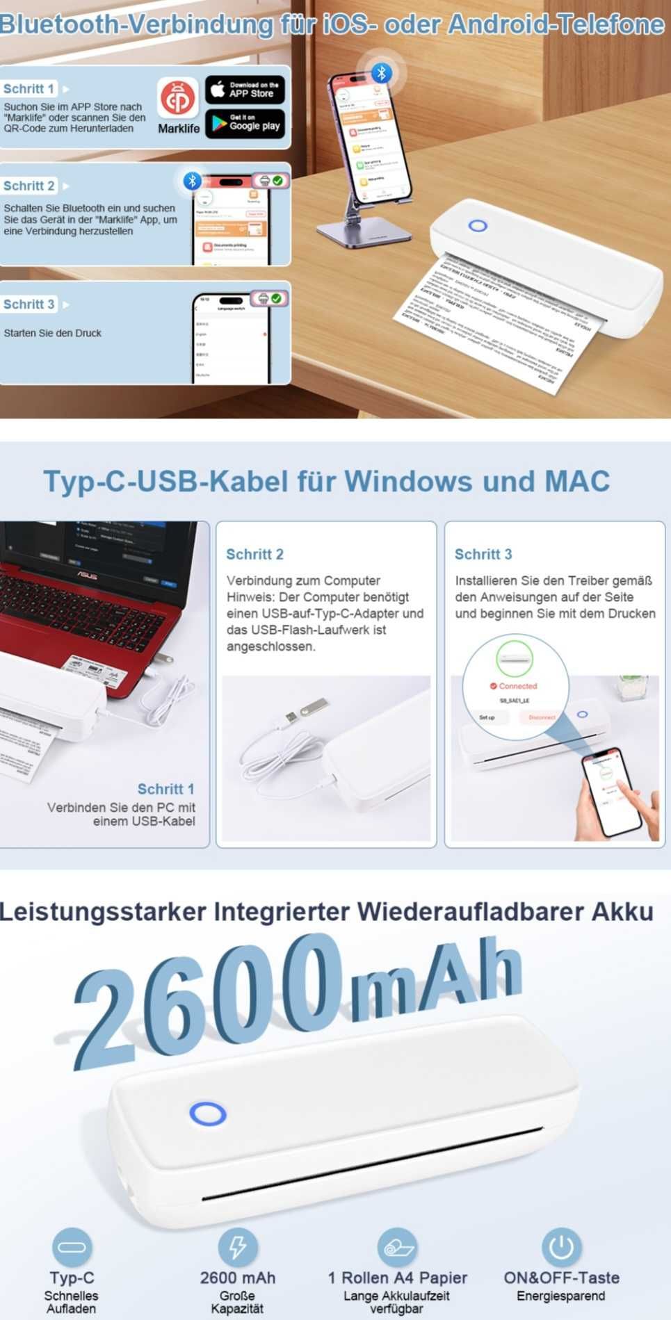 Mobilna mini drukarka termiczna A4, Gukkk,Bluetooth, Przenośna, Wygoda