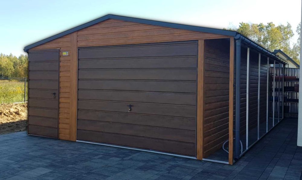 Garaż Blaszany 5x5 z Wiatką, Dach Grafit, Blacha Drewnopodobna OKAZJA!