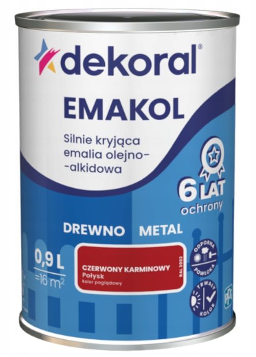 Dekoral Emakol Strong Czerwony Kamrinowy Połysk 0,9l Farba Emalia
