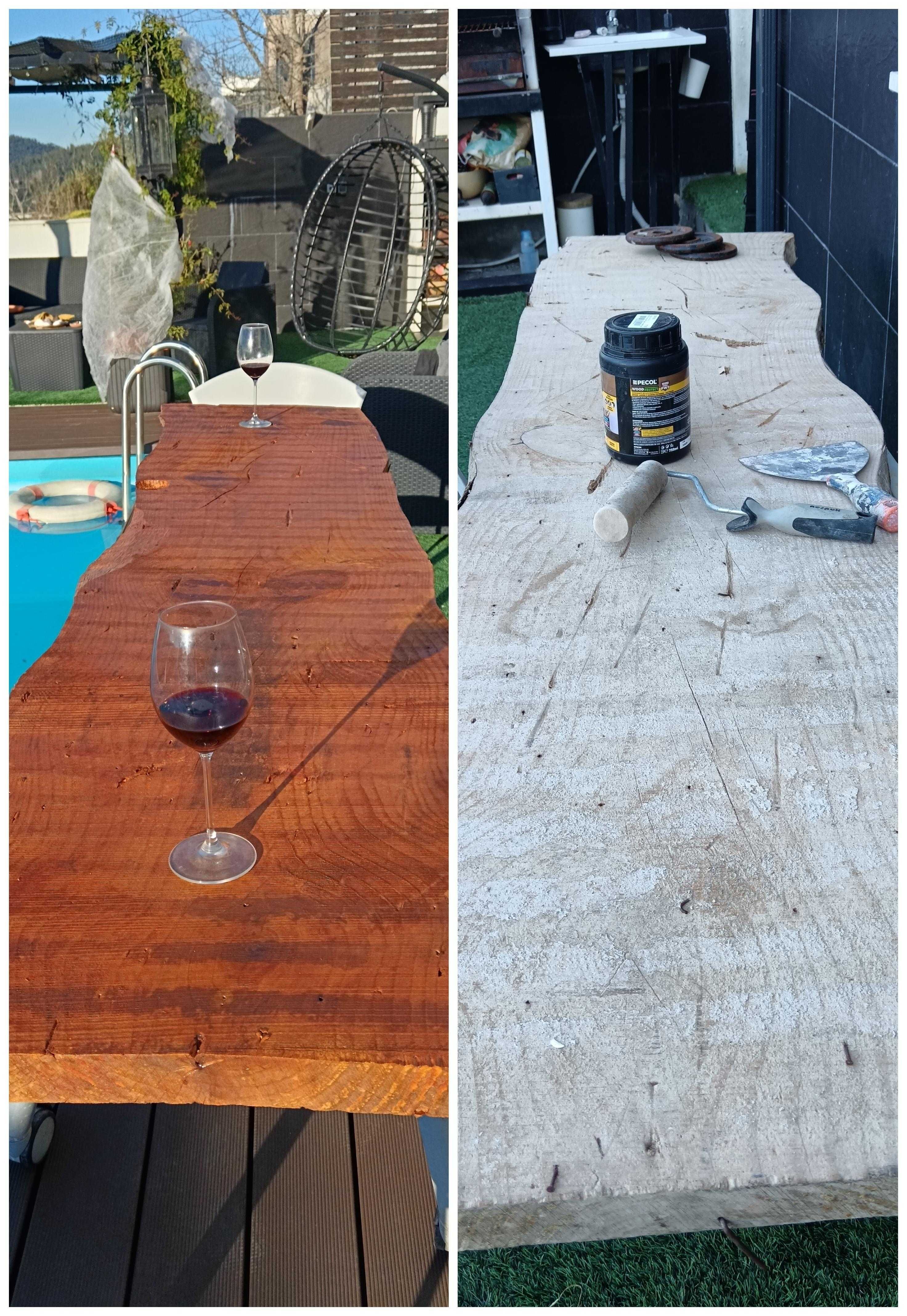 Mesa de madeira tratada, um só bloco.