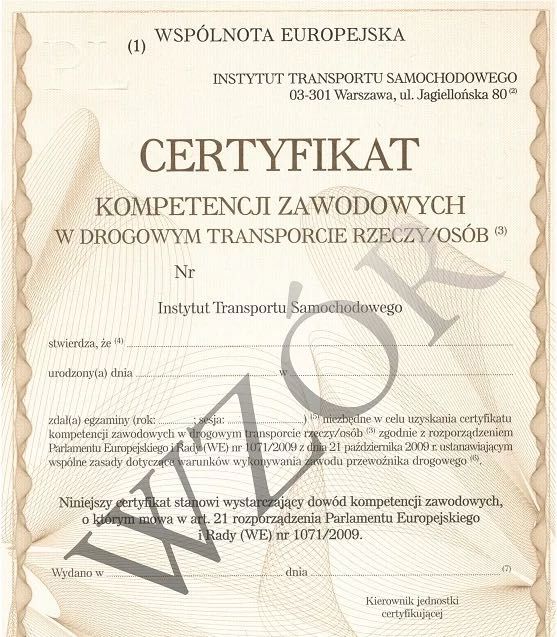 Certyfikat Kompetencji Zawodowych. CKZ, Licencja transport, rzeczy
