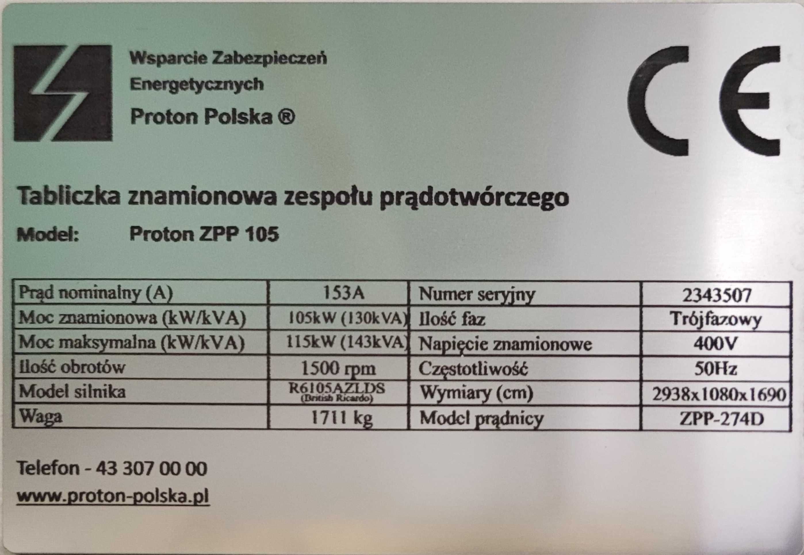 Agregat prądotwórczy 105 kW -Proton ZPP 105 + Automatyka SZR