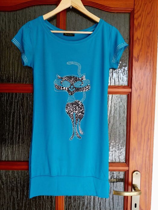 Niebieska tunika z kotem i cyrkoniami, rozmiar S/M