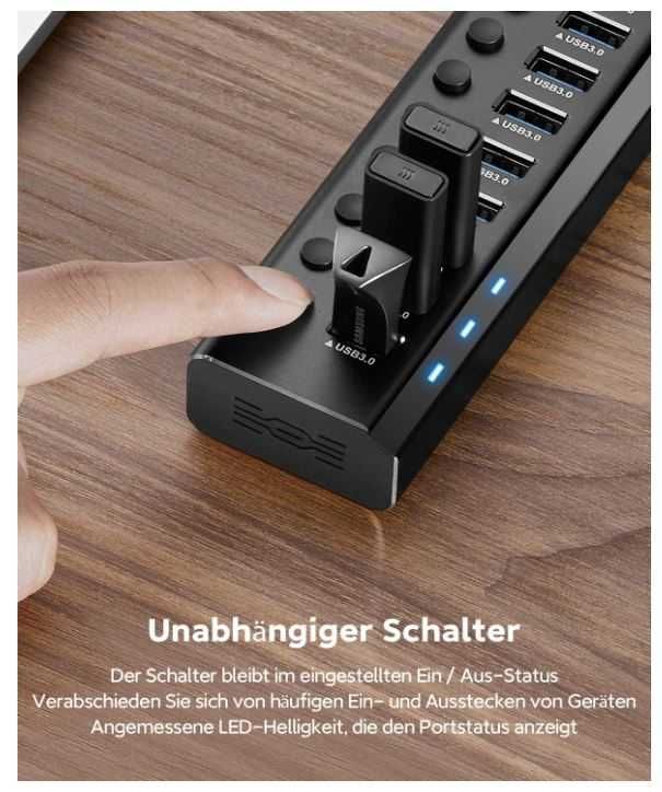 Hub USB 10 portów z wyłącznikiem każdego portu RSHTECH USB 3.0