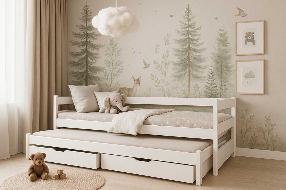 Dwuosobowe łóżko dla dzieci Tom szuflady i materace w zestawie